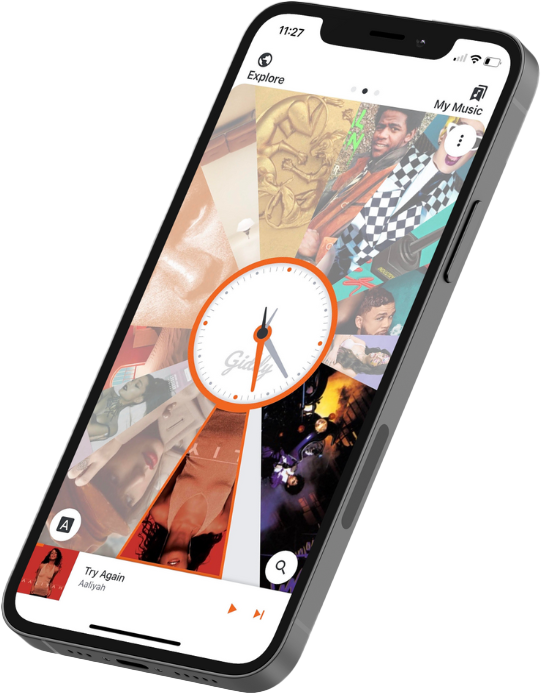 iPhone showing a Giddy playlist on the clock interface